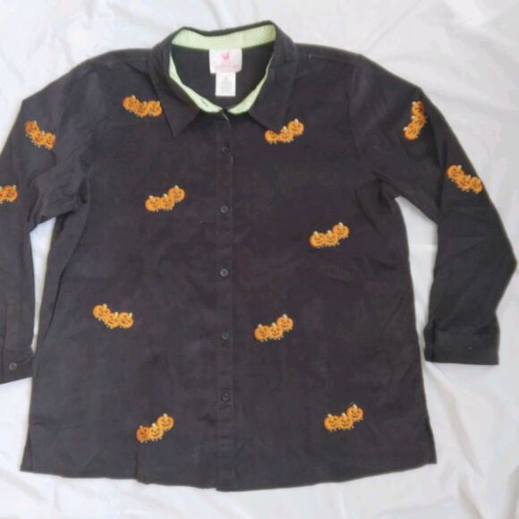 Vintage Quacker Factory Black Corduroy Shirt Jack O Lanterns Embroidered 1X - Picture 3 of 9